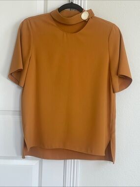 Zara Short Sleeve Mock Neck Top mustard  with Button Detail